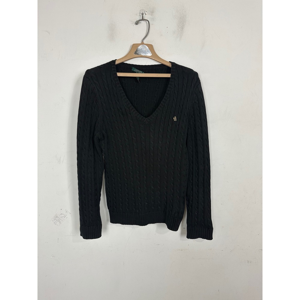 Lauren Ralph Lauren Black Cable Knit V-Neck Cotton Sweater Women Large RLL Logo